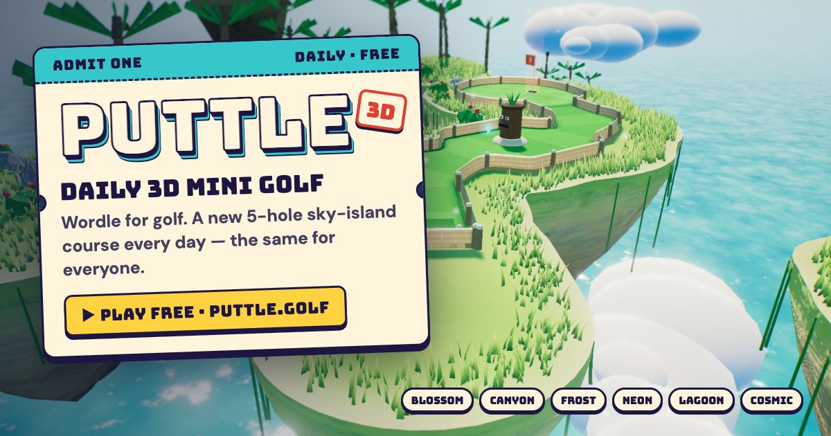 The PUTTLE share card: the PUTTLE 3D wordmark on a ticket, over a fairway on a floating island above a turquoise sea