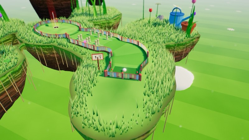 A PUTTLE 3D hole in Backyard Giants: a lawn fairway with giant craft-stick rails through towering grass blades and tulips