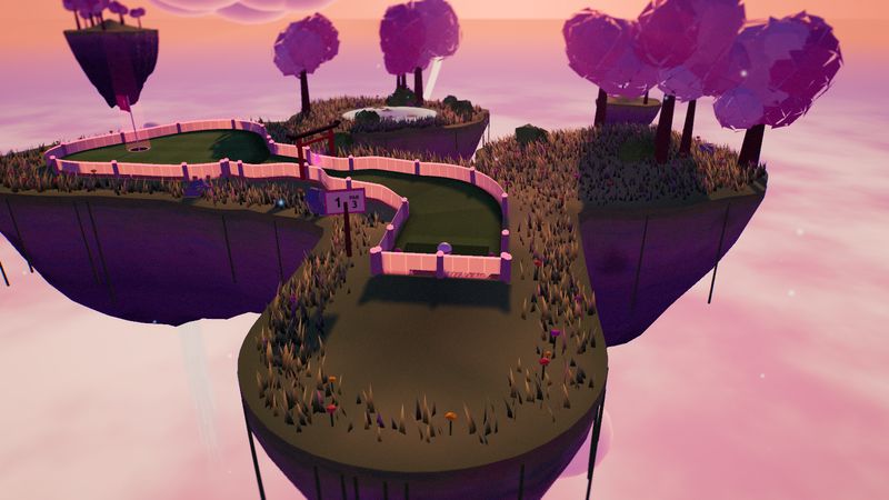 A PUTTLE 3D hole in Blossom Isles: a pink-railed fairway past a torii gate, cherry trees and a koi pond at sunset