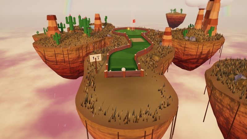 A PUTTLE 3D hole in Sunset Mesa: an S-bend fairway with plank rails on red-rock mesas with cacti and hoodoos