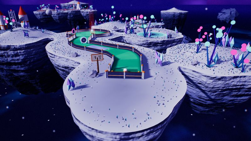 A PUTTLE 3D hole in Cosmic Drift: a dogleg on moon-rock islands in space with rockets, crystals and glowing plants