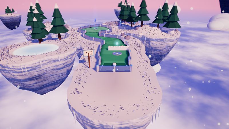 A PUTTLE 3D hole in Frostpeak: an ice-railed fairway through snowy pines beside a frozen pond as snow falls