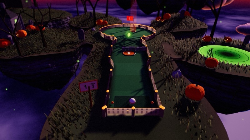 A PUTTLE 3D hole in Haunted Hollow at night: a lantern-lit fairway between jack-o'-lanterns, gravestones, dead trees, a haunted house and a glowing green bog