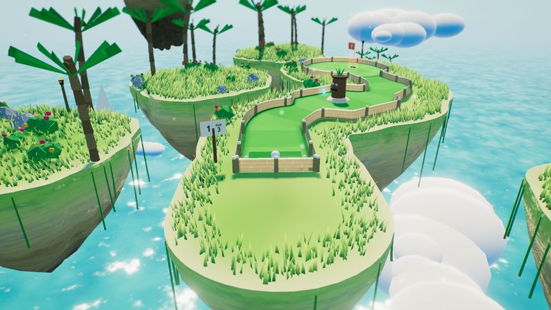 A PUTTLE 3D hole in Lagoon Atoll: a winding fairway with bamboo rails and a tiki post on palm islands over a turquoise sea
