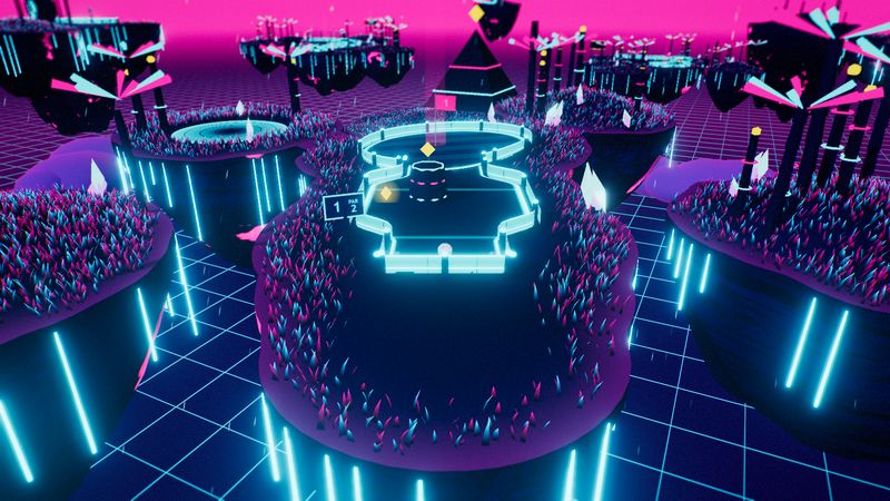A PUTTLE 3D hole in Neon Nights: a glowing cyan-railed green on dark islands over a synthwave neon grid